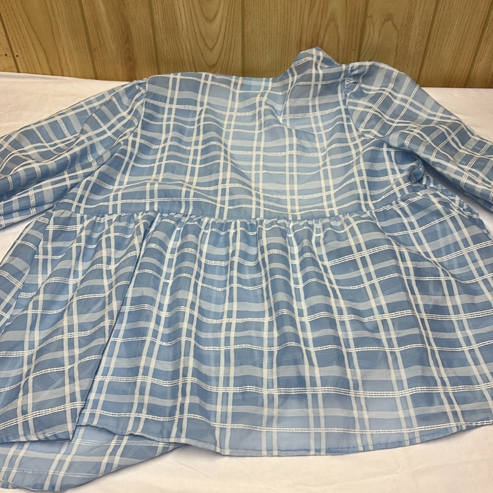 Blue Plaid V-Neck Blouse - Picture 5 of 6